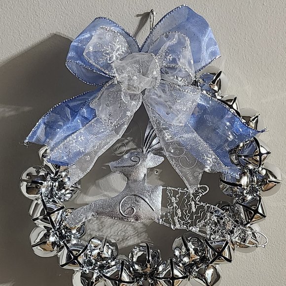 Huntington 9" Silver Jingle Bell With Silver Reindeer and Silver and Blue Bow Li - Picture 3 of 10